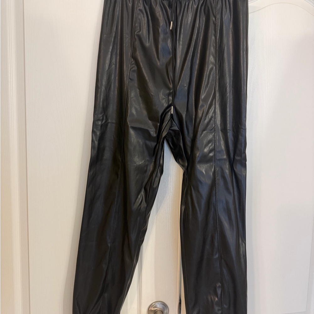 Glossy Black Faux Leather Jogger with drawstrings Pants Never worn